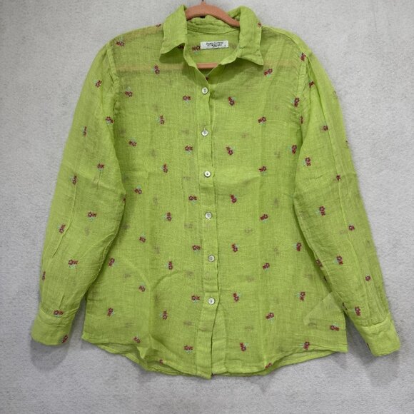 Harris Cotton Shirt Womens Small 100% Linen Button Down Hand Embroidered Floral - Picture 1 of 10